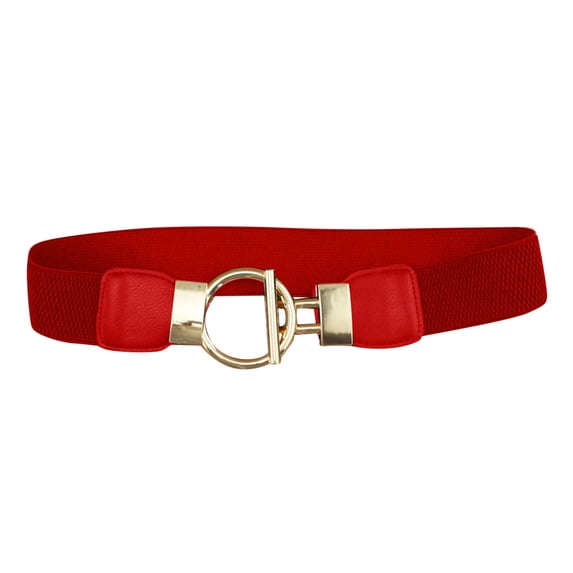 IQOGKRN Women Wide Elastic Stretch Waist Belt Round Gold O-Ring Interlock Buckle PU Patch Decorative Cinch Waistband Red One Size