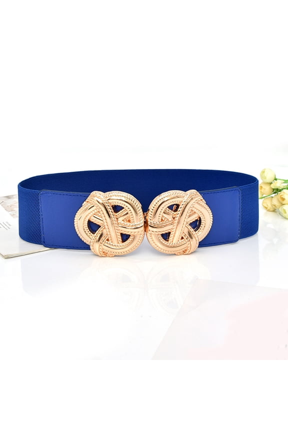 Women Wide Elastic Stretch Waist Belt Twisted Rope Double Interlock Gold Buckle Decorative Waistband Blue One Size