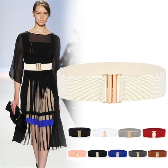 IQOGKRN Women Wide Grid Elastic Stretch Waist Belt Minimalist Triple Bar Gold Interlock Buckle Decorative Cinch Waistband Beige One Size