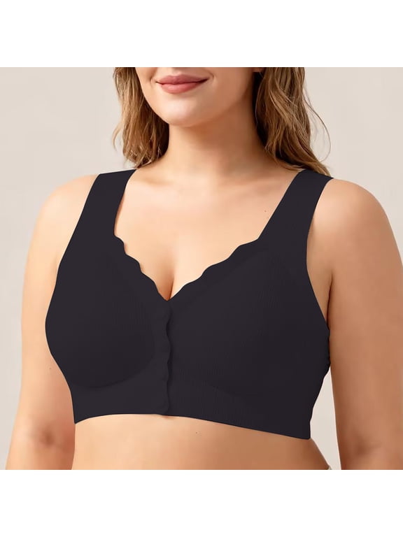 Women Wireless Front Button Comfort Bra Vertical Ribbed V Neck Wirefree Bralette Wide Vest Strap Anti-Sagging Support Lingerie Black 3XL