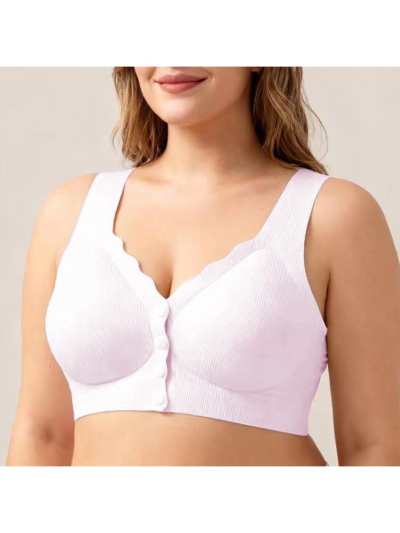 Women Wireless Front Button Comfort Bra Vertical Ribbed V Neck Wirefree Bralette Wide Vest Strap Anti-Sagging Support Lingerie Pink L