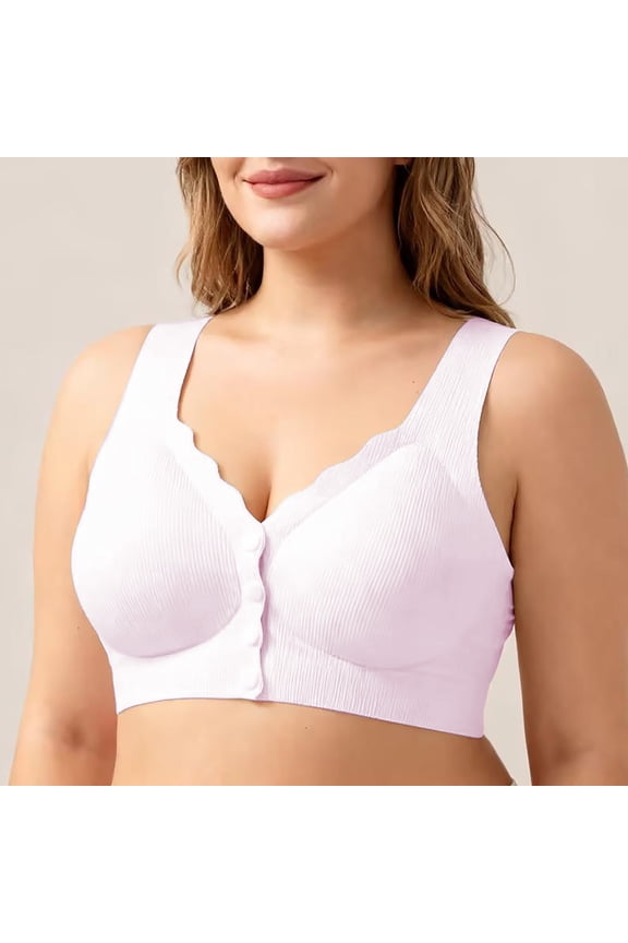 Women Wireless Front Button Comfort Bra Vertical Ribbed V Neck Wirefree Bralette Wide Vest Strap Anti-Sagging Support Lingerie Pink L