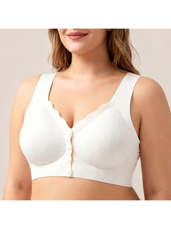 Women Wireless Front Button Comfort Bra Vertical Ribbed V Neck Wirefree Bralette Wide Vest Strap Anti-Sagging Support Lingerie White L