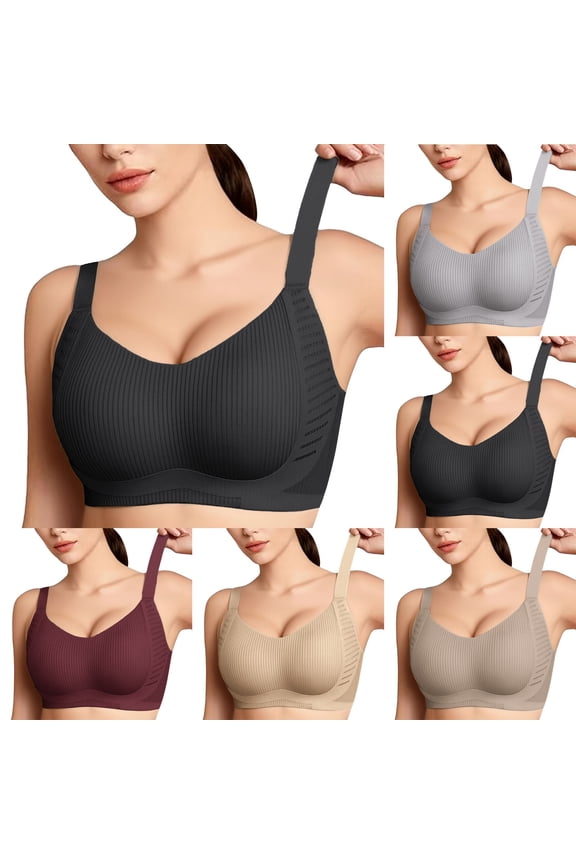 Women Wireless Ribbed Texture Support Bra Adjustable Wide Strap Lift Up Push Up Full Coverage Bralette Side Anti-Sagging Comfort Lingerie Beige L