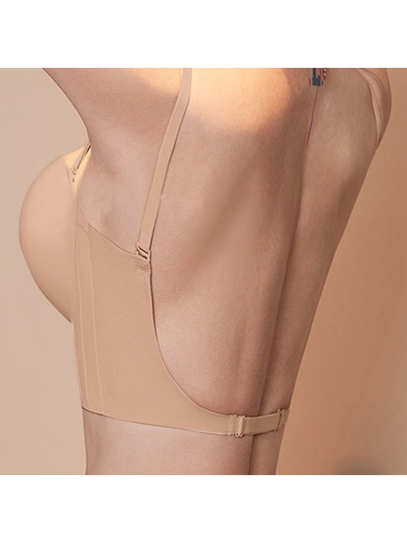Women Wireless Seamless Low Back Bra Thin Adjustable Strap Padded Backless Bralette Front Buckle Lift Support Brassiere Beige 34