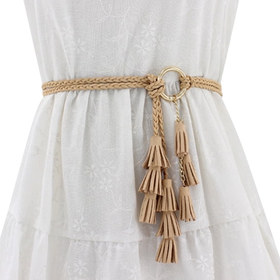 IQOGKRN Women's Boho Braided Tassel Waist Belt with Gold Ring Adjustable Knotted Rope Sash for Dresses Khaki One Size