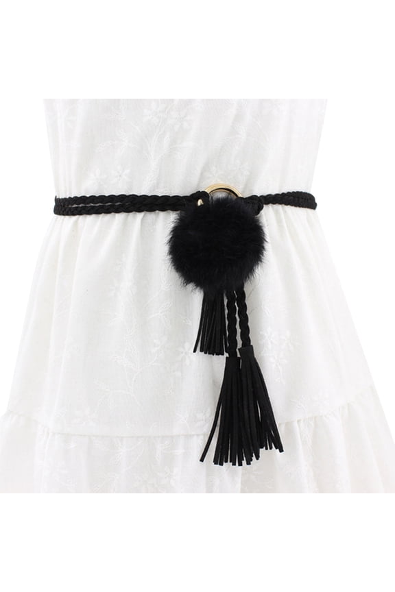 Women's Boho Braided Waist Belt with Fluffy Pom-Pom & Tassel Ethnic Style Rope Waist Chain for Dresses Black One Size