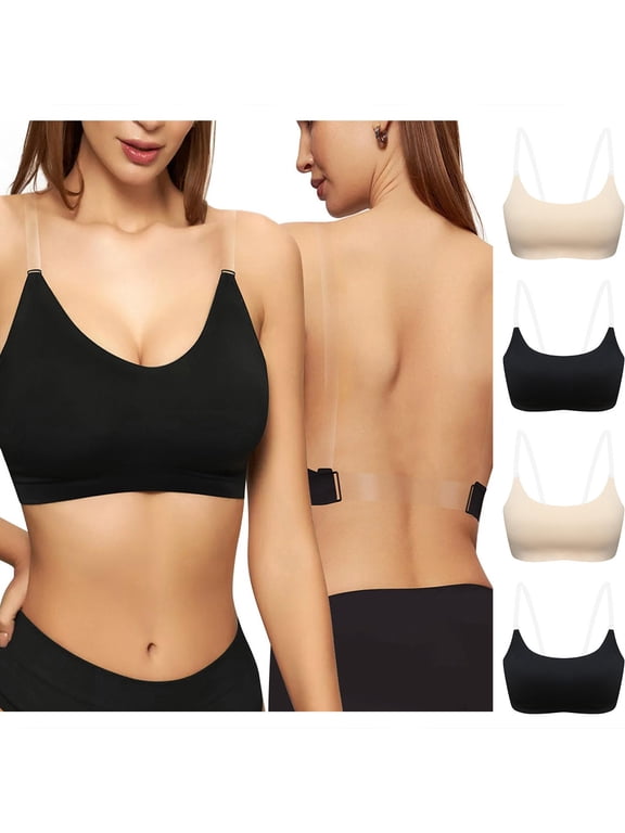 Women's Clear Strap Bra Wireless Invisible Low Back Unpadded Bra with Convertible Straps Black L
