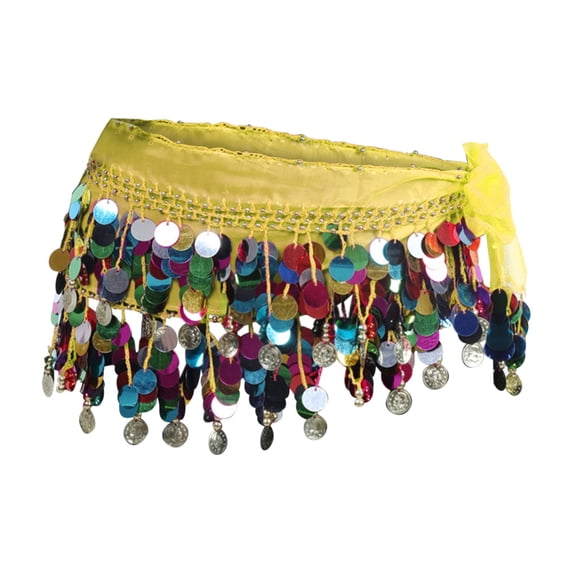 IQOGKRN Women's Colorful Sequin Belly Dance Hip Scarf with Metallic Sequin Adjustable Tassel Waist Wrap Belt for Carnival, Festival & Performance Yellow One Size