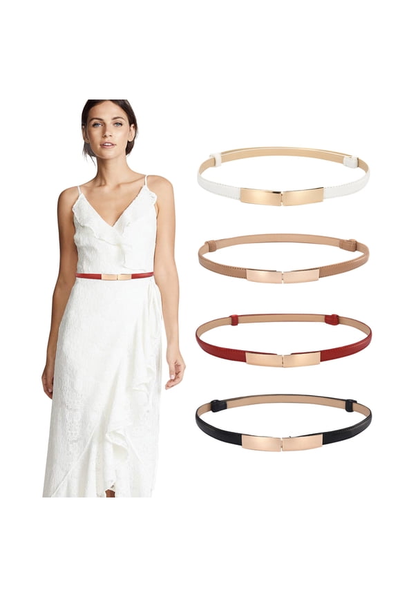 Women's Elastic Skinny Waist Belt Slim Faux Leather Stretch Dress Belt with Gold Magnetic Clasp for Dresses & Coats Beige One Size
