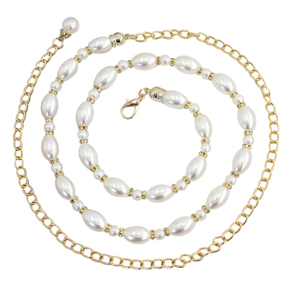 IQOGKRN Women's Elegant Pearl Waist Chain Belt Adjustable Metal Link with Faux Pearls & Rhinestone Accents Dress Cinch Belt for Weddings White One Size