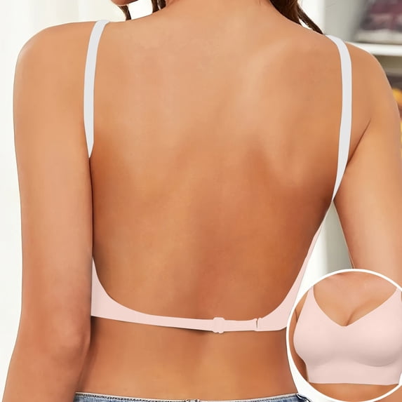 IQOGKRN Women's Low Back Bras with Padded Removeable Wirefree Seamless Bra Backless Multiway Straps Convertible Bra Pink L