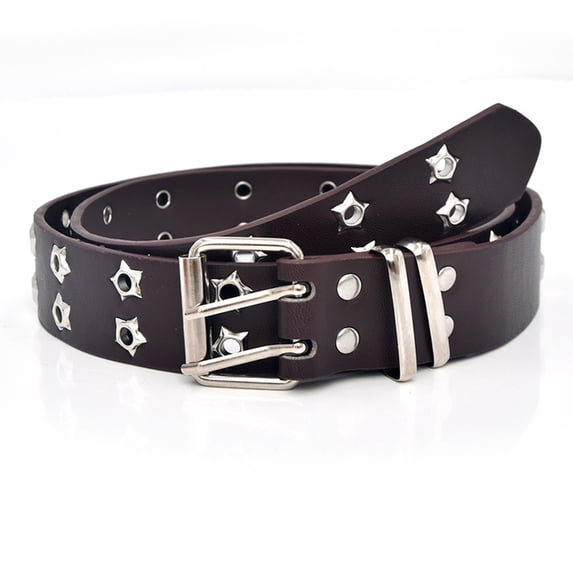 IQOGKRN Women's Punk Style Star Rivet Double Buckle Belt Wide PU Leather Waist Strap for Jeans & Streetwear Coffee One Size