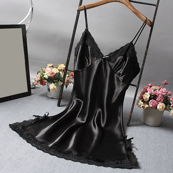 IQPE Women Elegant Lace Halter Pajamas Soft Satin Nightdress Comfort Home Wear Nightgown