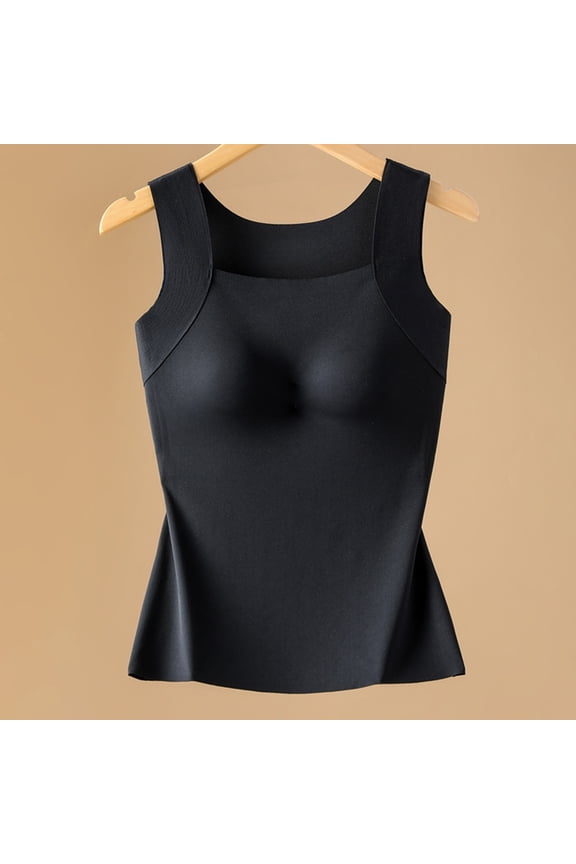 Women's Built in Bra Camisole Shaping Tank Top with Fixed Cups, Ice Silk Feeling Seamless Slimming Vest Plus Size, Tummy Control Wide Strap Layering Top for Daily Wear Black,XL