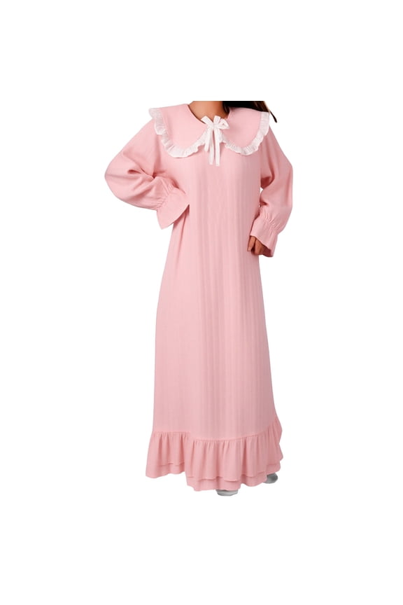Women‘s Flannel Nightgown Long Sleeve Warm Sleep Dress Cozy Winter Pajamas Princess Style Loungewear Pink