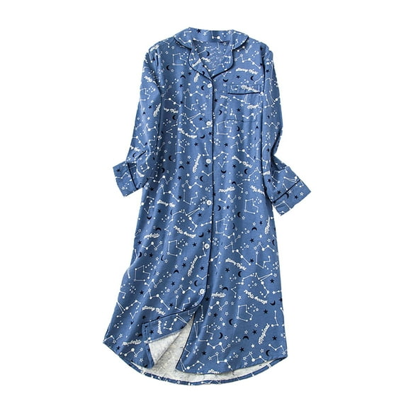 IQPE Women‘s Knit Cotton Flannel Nightgown Vintage Style Loose Fit Warm Winter Pajamas Plus Size Blue