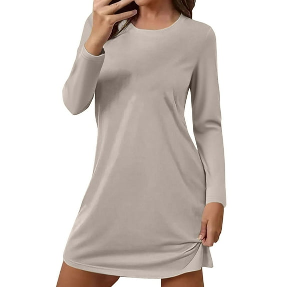 IQPE Womenâs Long Sleeve Nightgown Polyester Spandex Blend Loose Fit Sleepshirt Solid Color Pajamas Plus Size Big & Tall Light Ashy