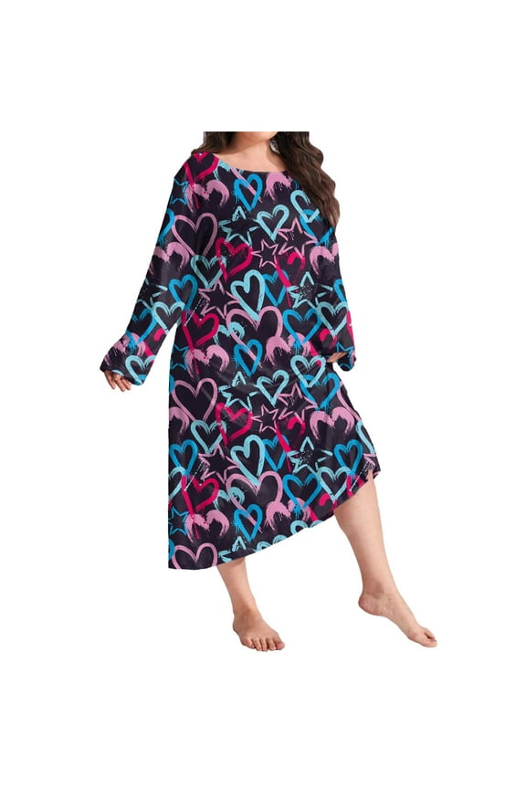 Womenâs Long Sleeve Nightgown Polyester Spandex Blend Loose Fit Soft Sleep Dress Cozy Winter Pajamas Plus Size Big & Tall Light Blue