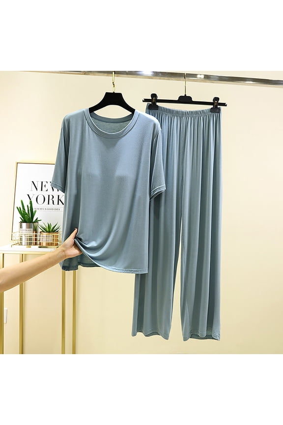 Women's Pajama Set with Built-in Bra – Short Sleeve Crewneck Top and Long Pants, Soft Modal Loose Fit Loungewear, 2 Piece Sleepwear Plus Size Friendly Sky Blue,XXL