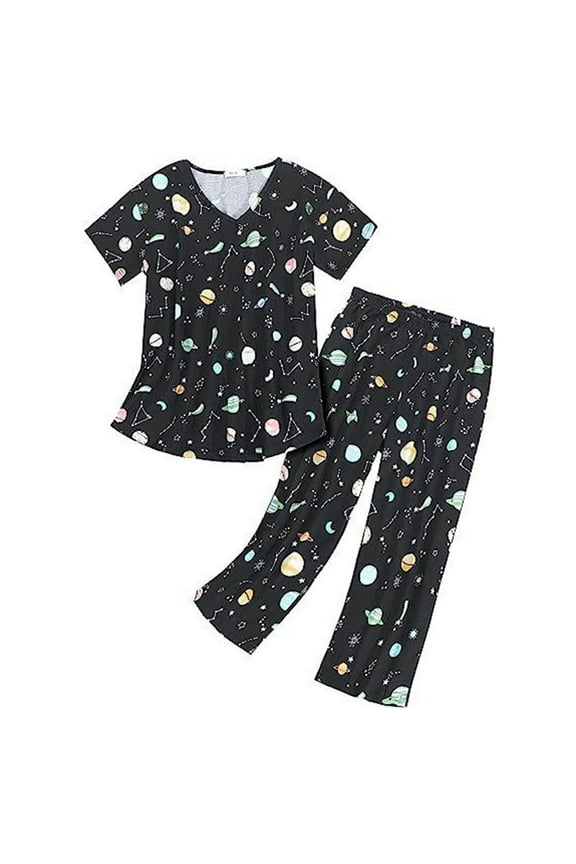 Women‘s Printed Pajama Set Two-Piece Comfortable Loungewear Sleepwear Polyester Spandex Blend Black