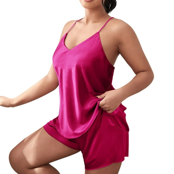 IQPE Women‘s Satin Pajama Set Two-Piece Loungewear Sleeveless Top with Shorts Plus Size Big & Tall Hot Pink