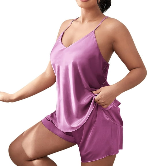 IQPE Women‘s Satin Pajama Set Two-Piece Loungewear Sleeveless Top with Shorts Plus Size Big & Tall Purple