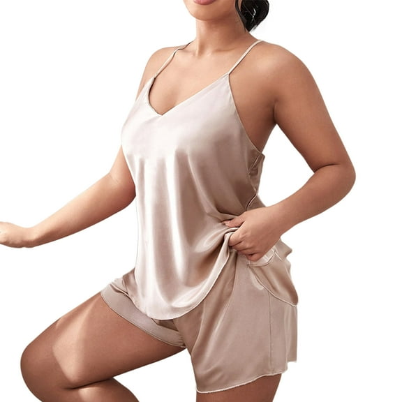 IQPE Women‘s Satin Pajama Set Two-Piece Loungewear Sleeveless Top with Shorts Plus Size Big & Tall Rose Gold