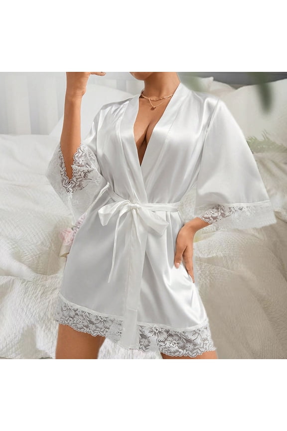 Women's Short Satin Kimono Robe Silky Soft 3/4 Sleeve Bathrobe Comfortable Sleepwear