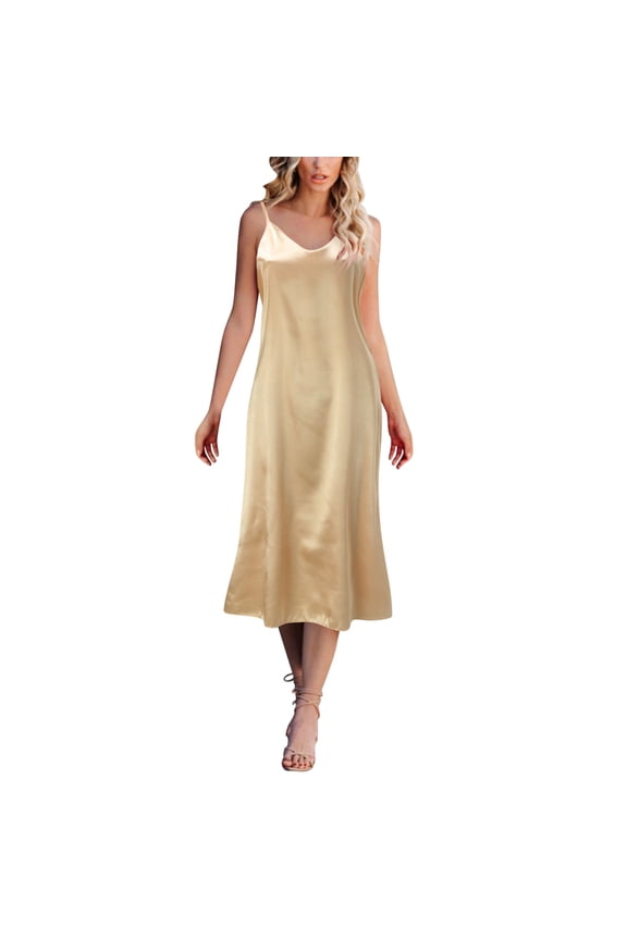 Women‘s Sleeveless V-Neck Nightgown Slip Dress Soft Satin Chemise Loungewear Plus Size Rose Gold