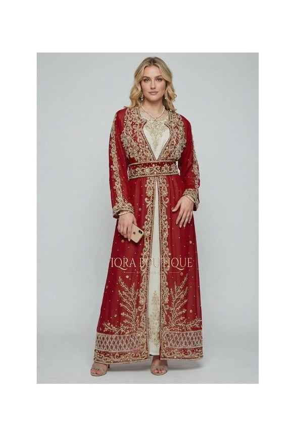 Red and Ivory Embroidered Kaftan Dress, Gold Beaded Floral Maxi Gown
