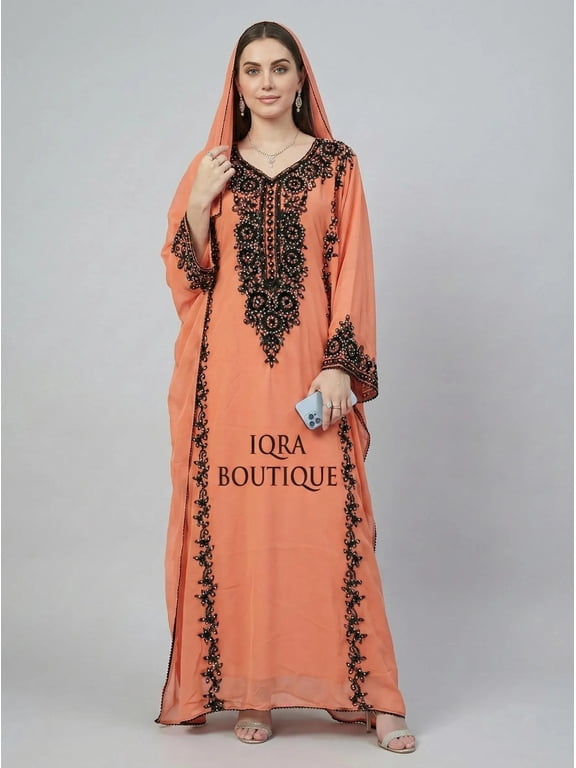 Women's Peach Kaftan Dress with Black Embroidery and Beadwork, Maxi Abaya with Dupatta