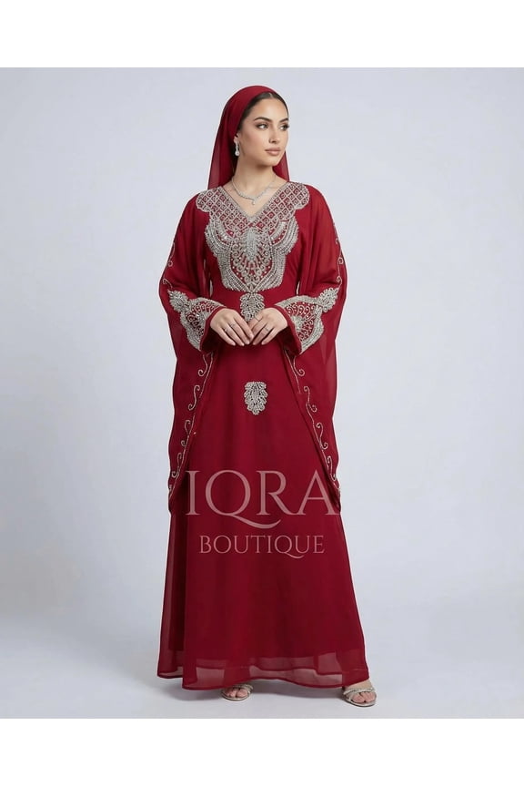 Women's Red Kaftan Dress with Black Beaded Embroidery, Flowy Maxi Style