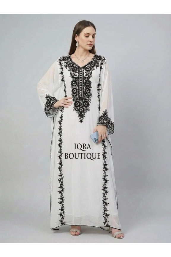 Women's White Kaftan Dress with Black Floral Embroidery, Long Sleeve Maxi Jalabiya