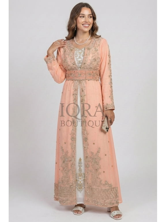 Peach Embellished Kaftan Dress, Beaded Floral Maxi Gown, Elegant Formal Style