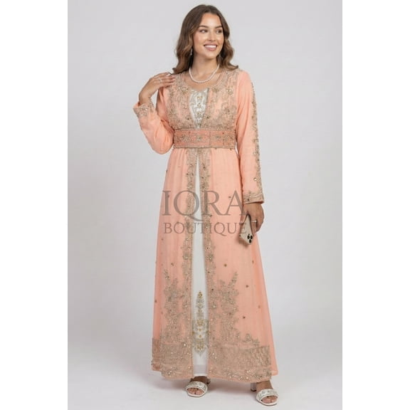 IQRA Boutique Peach Embellished Kaftan Dress, Beaded Floral Maxi Gown, Elegant Formal Style