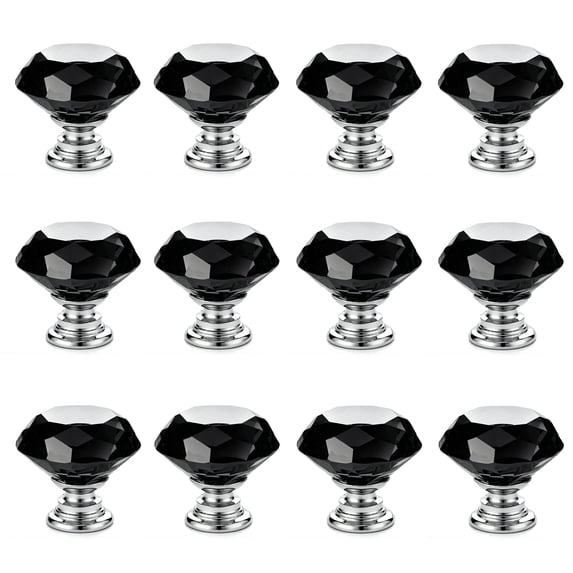 IQUALITE 12 Pack Diamond Crystal Glass Drawer Knobs 30mm Aluminum Base Cabinet Hardware, Black