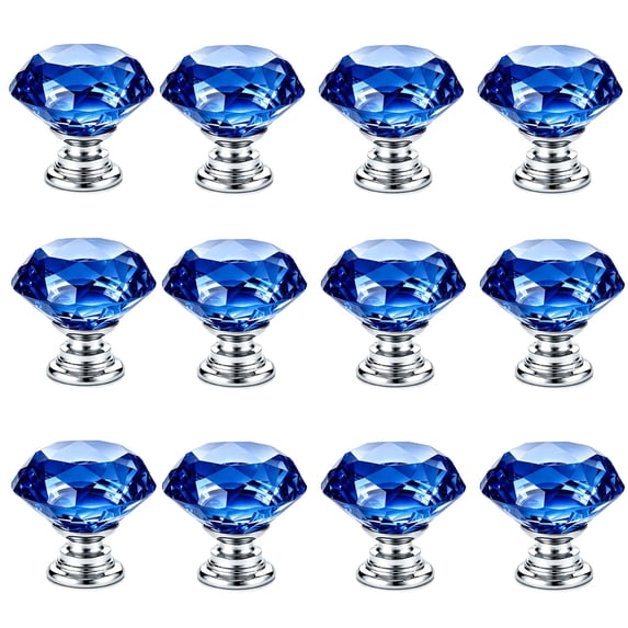 IQUALITE 12 Pack Diamond Crystal Glass Drawer Knobs 30mm Aluminum Base Cabinet Hardware, Blue