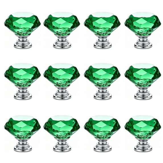 IQUALITE 12 Pack Diamond Crystal Glass Drawer Knobs 30mm Aluminum Base Cabinet Hardware, Green
