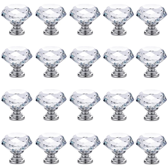 IQUALITE 20 Pack Diamond Crystal Glass Drawer Knobs 30mm Aluminum Base Cabinet Hardware, Clear