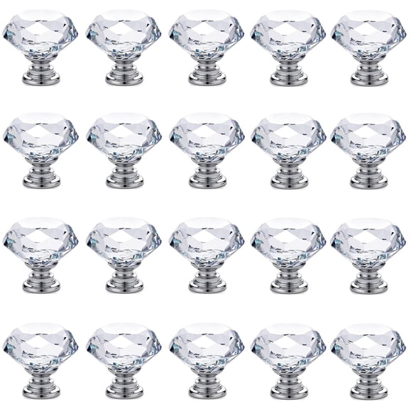 IQUALITE 20 Pack Diamond Crystal Glass Drawer Knobs 30mm Aluminum Base Cabinet Hardware, Clear