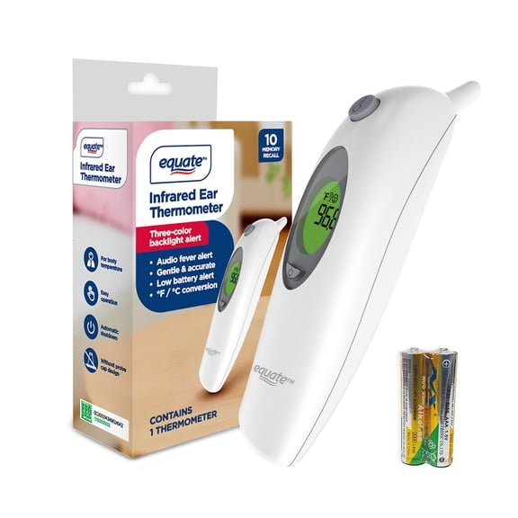 Equate Infrared Ear Thermometer,Without Disposable Cap, 3-Color Backlight, All Ages