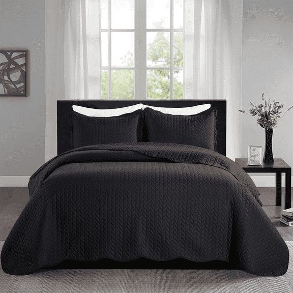 Imperial Rooms 2 Piece Quilt Set Soft Microfiber Chevron Pattern Bedspread & Coverlet with 1 Sham Reversible Black Twin