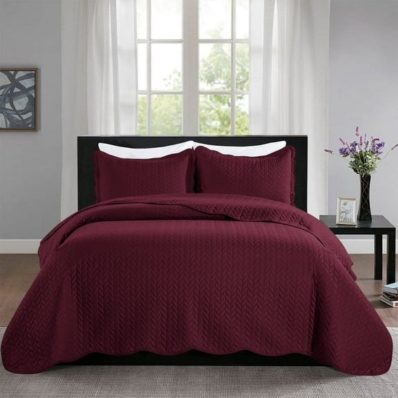Imperial Rooms 2 Piece Quilt Set Soft Microfiber Chevron Pattern Bedspread & Coverlet with 1 Sham Reversible Burgundy Twin