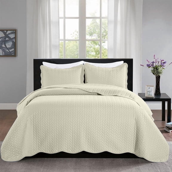 IR Imperial Rooms 2 Piece Chevron Embosssed Pattern Microfiber Bedspread Set for Adults Twin Size, Cream
