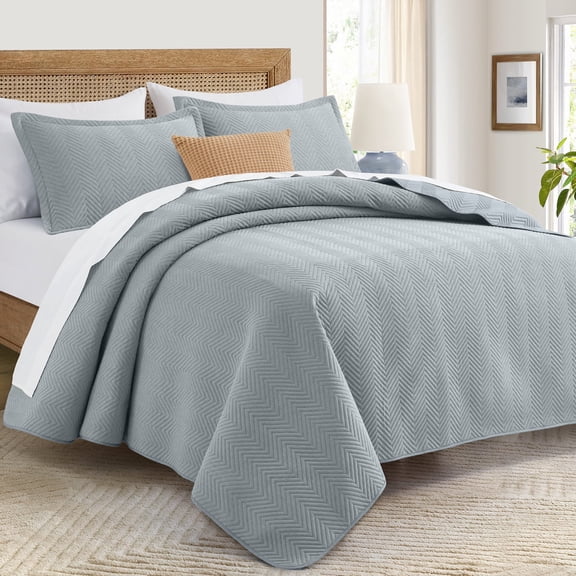 IR Imperial Rooms 2-Piece Soft Linen Quilt Set, Ultrasonic Chevron Pattern All Season Coverlet, Twin, Grey
