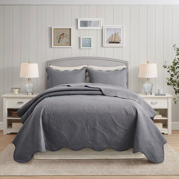 IR Imperial Rooms 2Pc-Bedspread Microfiber Soft Floral Modern Quilt Set Lightweight Twin Gray