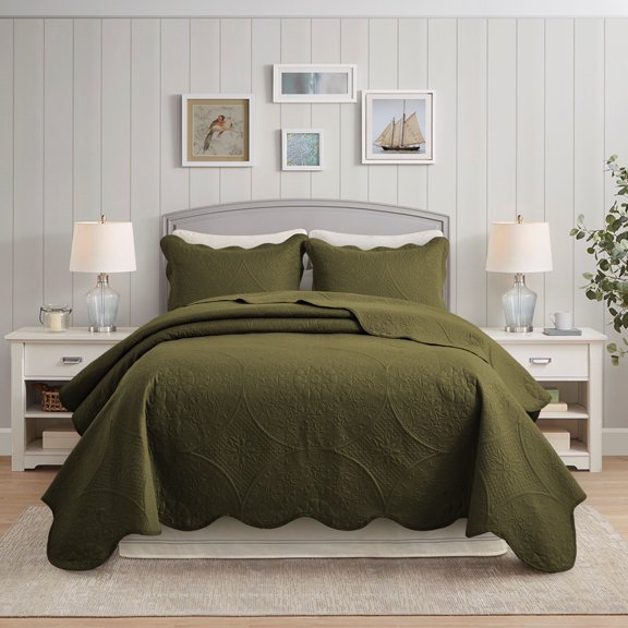 IR Imperial Rooms 2Pc-Bedspread Microfiber Soft Floral Modern Quilt Set Lightweight Twin Olive-Green