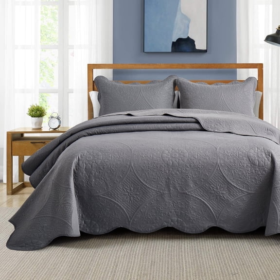 IR Imperial Rooms 2Pc-Embossed Bedspread Microfiber Soft Floral Vintage Quilt Set Lightweight Twin Gray