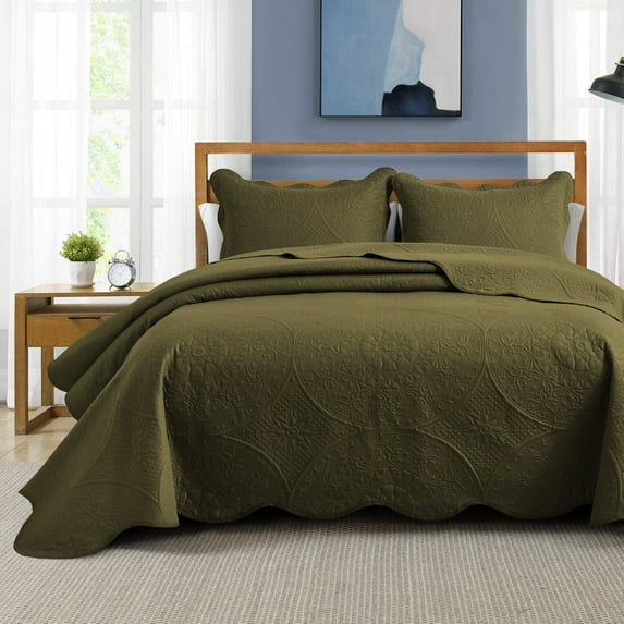 IR Imperial Rooms 2Pc-Bedspread Microfiber Soft Floral Pattern Quilt Set Lightweight Twin Olive-Green